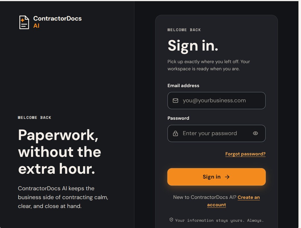 ContractorDocs AI sign-in page
